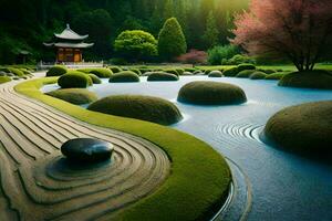 une Japonais jardin avec rochers et l'eau. généré par ai photo