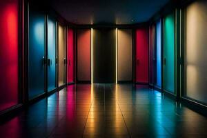 une couloir avec coloré lumières et des portes. généré par ai photo