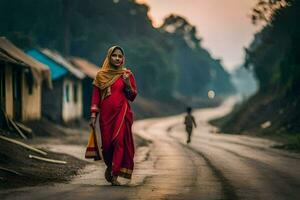 une femme dans une rouge robe des promenades vers le bas une route. généré par ai photo