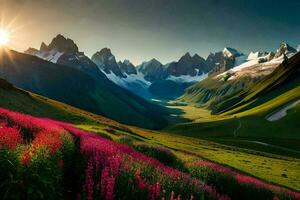 le Soleil brille sur une magnifique Montagne paysage avec fleurs et fleurs sauvages. généré par ai photo