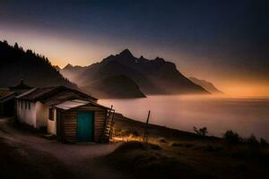 une petit cabine dans le montagnes à le coucher du soleil. généré par ai photo