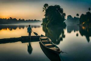 une homme des stands sur une bateau dans le milieu de une Lac à lever du soleil. généré par ai photo