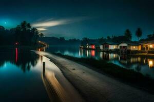 une rivière à nuit avec Maisons et bateaux. généré par ai photo