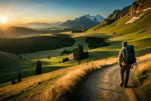 une homme avec une sac à dos des promenades sur une chemin dans le montagnes. généré par ai photo