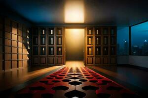 une pièce avec une rouge tapis et une porte. généré par ai photo