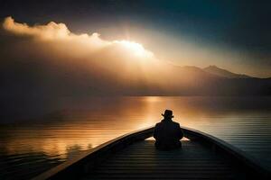 une homme séance sur une bateau dans le milieu de une Lac à le coucher du soleil. généré par ai photo