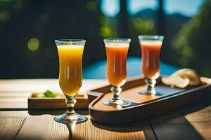 Trois des lunettes de Orange jus sur une en bois plateau. généré par ai photo