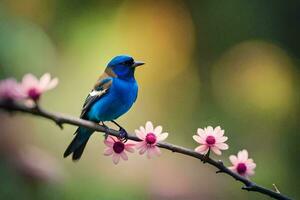 une bleu oiseau est assis sur une branche avec rose fleurs. généré par ai photo