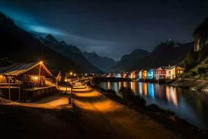 photo fond d'écran le nuit, montagnes, Maisons, le village, le rivière, le montagnes, le. généré par ai