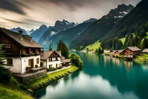 une magnifique Lac et Montagne village dans le Suisse Alpes. généré par ai photo