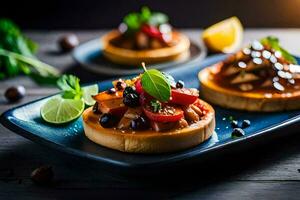 Trois petit des sandwichs avec des légumes sur une bleu plaque. généré par ai photo