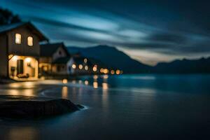 une maison sur le rive de une Lac à nuit. généré par ai photo