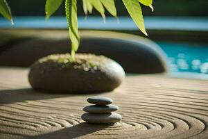 Zen jardin avec des pierres et une bambou plante. généré par ai photo