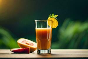 une verre de Orange jus avec une tranche de melon. généré par ai photo