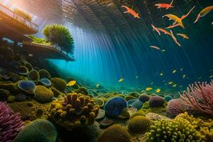 un sous-marin scène avec corail récifs et poisson. généré par ai photo