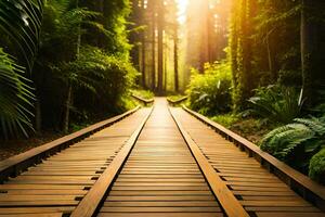 une en bois chemin dans le forêt avec le Soleil brillant. généré par ai photo