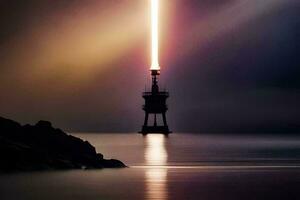 une phare dans le milieu de le océan à nuit. généré par ai photo