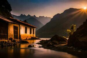 le Soleil monte plus de le montagnes dans le Contexte. généré par ai photo