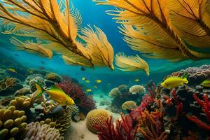 une corail récif avec beaucoup coloré poisson. généré par ai photo