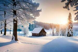 une cabine dans le neige avec des arbres et Soleil. généré par ai photo