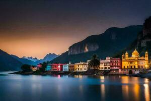 photo fond d'écran le ciel, montagnes, eau, le mer, le ciel, le montagnes, le. généré par ai