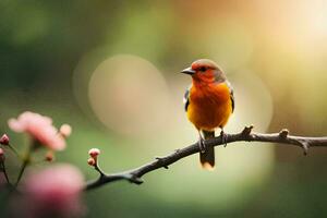 une petit oiseau est séance sur une branche avec rose fleurs. généré par ai photo