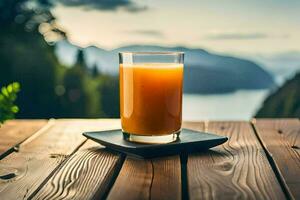 une verre de Orange jus sur une en bois tableau. généré par ai photo