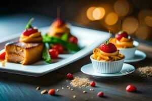 petit assiettes avec dessert sur une en bois tableau. généré par ai photo