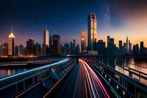 une ville horizon à nuit avec lumières sur le route. généré par ai photo