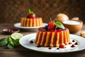 une dessert avec des fraises et crème sur une plaque. généré par ai photo