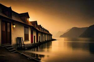 une rangée de Maisons sur le rive de une lac. généré par ai photo