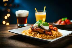 une assiette de spaghetti avec Viande et sauce sur une en bois tableau. généré par ai photo