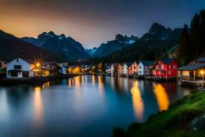 une Lac et Maisons dans le montagnes à nuit. généré par ai photo