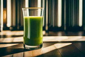 une verre de vert jus séance sur une en bois tableau. généré par ai photo