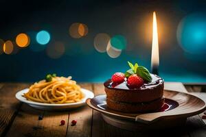 une anniversaire gâteau avec bougies et spaghetti sur une en bois tableau. généré par ai photo