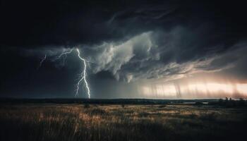 spectaculaire ciel des étincelles admiration avec à bifurcation foudre dans rural Prairie généré par ai photo