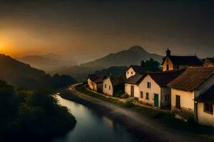 une village à le coucher du soleil avec une rivière et montagnes dans le Contexte. généré par ai photo