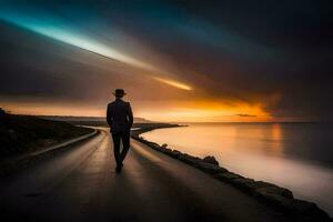 une homme dans une costume des promenades le long de le route à le coucher du soleil. généré par ai photo