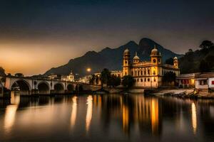 le Soleil ensembles plus de une pont et une église dans Inde. généré par ai photo