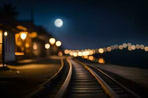 une train Piste à nuit avec lumières sur le piste. généré par ai photo