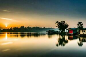 une Lac avec Maisons et une le coucher du soleil. généré par ai photo