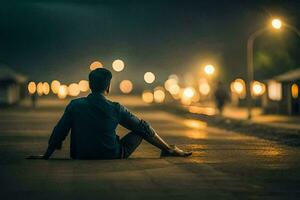 une homme séance sur le sol à nuit avec lumières dans le Contexte. généré par ai photo