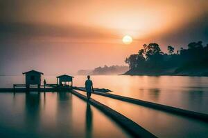 une homme des stands sur une Dock à le coucher du soleil. généré par ai photo