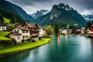 le village de Suisse est entouré par montagnes et une rivière. généré par ai photo