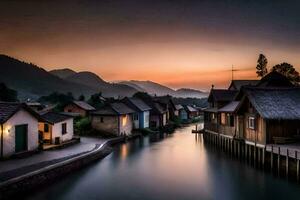 photo fond d'écran le ciel, eau, montagnes, Maisons, rivière, coucher de soleil, le village, le. généré par ai