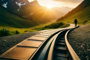 une la personne en marchant le long de une chemin de fer Piste dans le montagnes. généré par ai photo