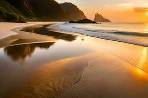 une plage à le coucher du soleil avec vagues et montagnes. généré par ai photo