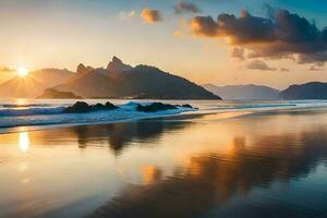 le Soleil monte plus de le océan et montagnes dans Rio. généré par ai photo