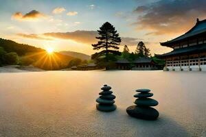 Japonais pagode dans le le coucher du soleil. généré par ai photo