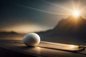 un Oeuf sur une en bois table avec une le coucher du soleil dans le Contexte. généré par ai photo